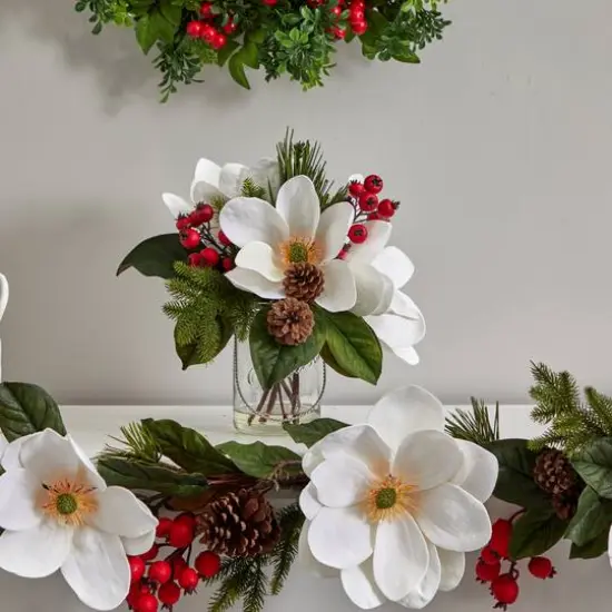 12" Magnolia, Pine & Berry Arrangement in Glass Vase {5}