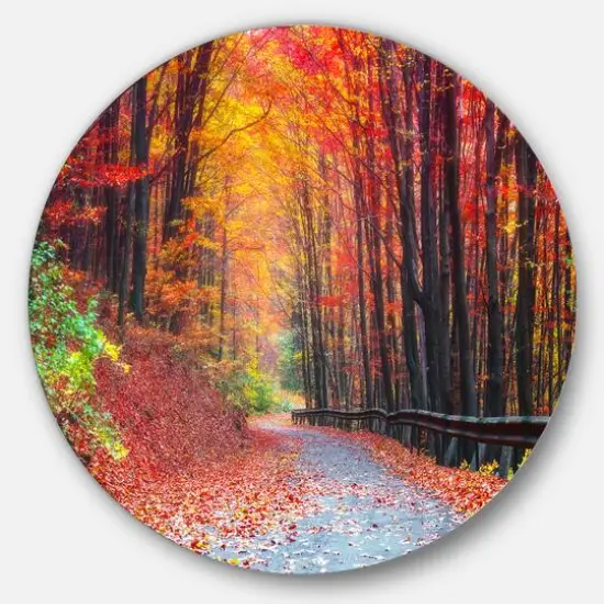 Designart - Road in Beautiful Autumn Forest' Disc Forest Large Metal Circle Wall Art {1}