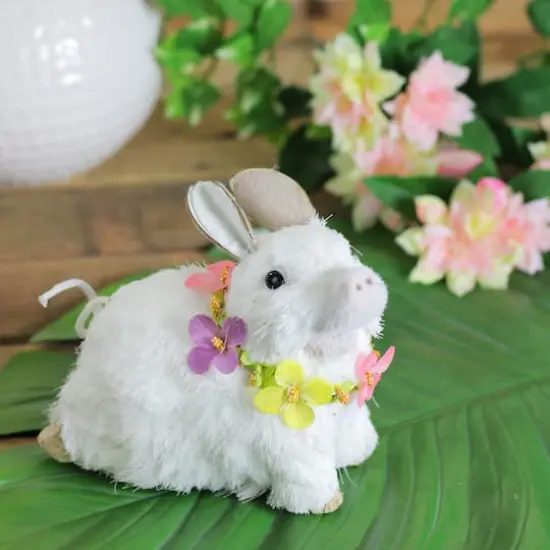 6" White Sisal Piglet with Floral Lei Easter Figure {4}