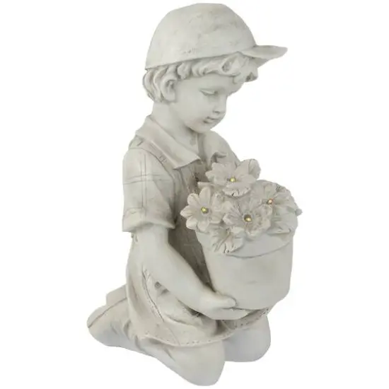15" Solar LED-Lit Boy with Flowers Outdoor Garden Statue {4}