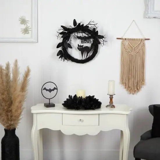 22" Halloween Black Cat & Bat Boo Twig Wreath {5}