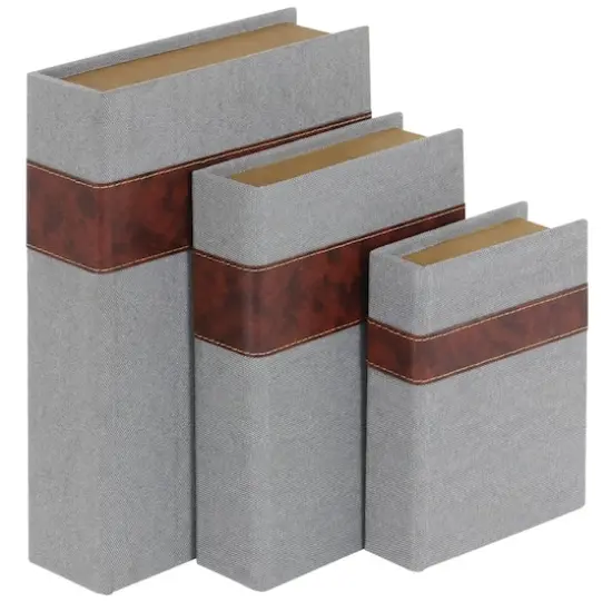 Gray Linen Faux Book Box with Faux Leather Detailing Set {1}