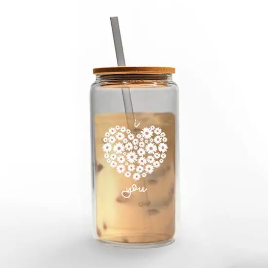 16oz. Daisy Heart Love Glass Can Cup {3}