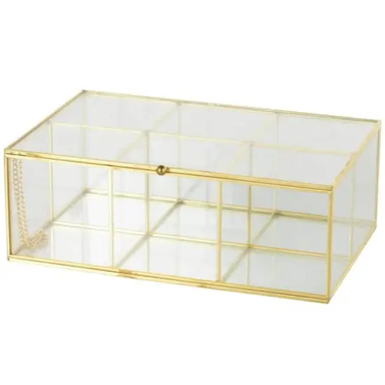 10" x 7" x 4" Clear & Gold 6-Slot Glass & Metal Jewelry Box with Chain Accent {1}