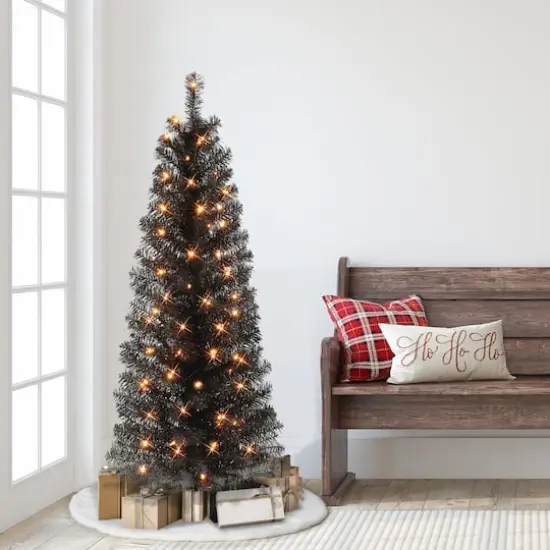 4.5ft. Pre-Lit Black Tinsel Artificial Christmas Tree, Clear Lights {3}