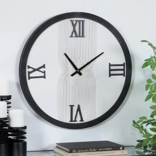 24" White Wood Art Deco Line Art Wall Clock {3}