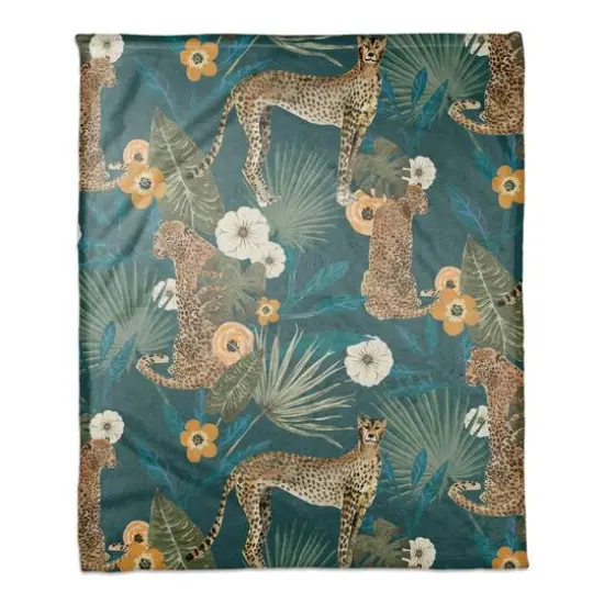 Tropical Cheetah Coral Fleece Blanket Teal {1}