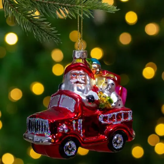 4" Red Fire Truck With Santa & Presents Glass Christmas Ornament {3}