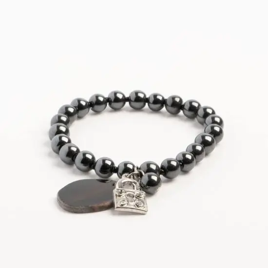 John Bead Hematite Gray Natural Stone Bracelet with Agate & Lock Charm {4}