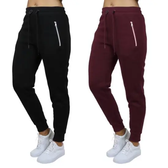 Galaxy by Harvic Women's Relaxed-Fit Fleece-Lined Zipper Pockets Jogger Sweatpants, 2 Pack Black/Burgundy {1}