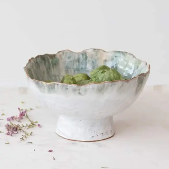 Hello Honey® 9" Green & Brown Stoneware Footed Bowl with Speckled Glaze {3}