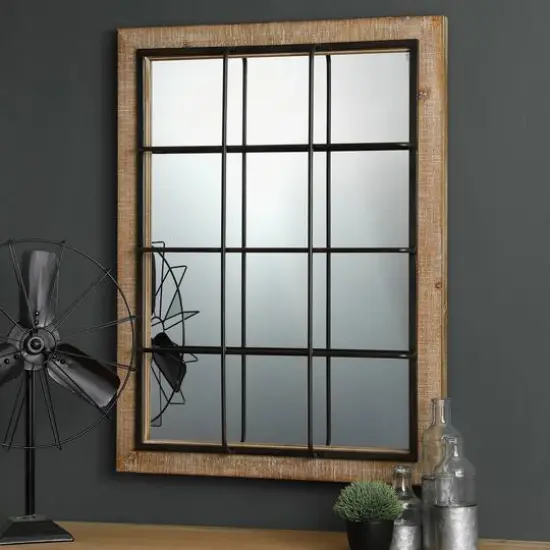 Glitzhome&reg; 31.5" Farmhouse Wooden & Metal Windowpane Rectangular Wall Mirror {3}
