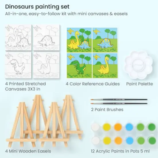 Arteza&reg; Kids Canvas Paint Kit, 4 Mini Canvas- 3 x 3 with Easel, Dinosaurs {3}