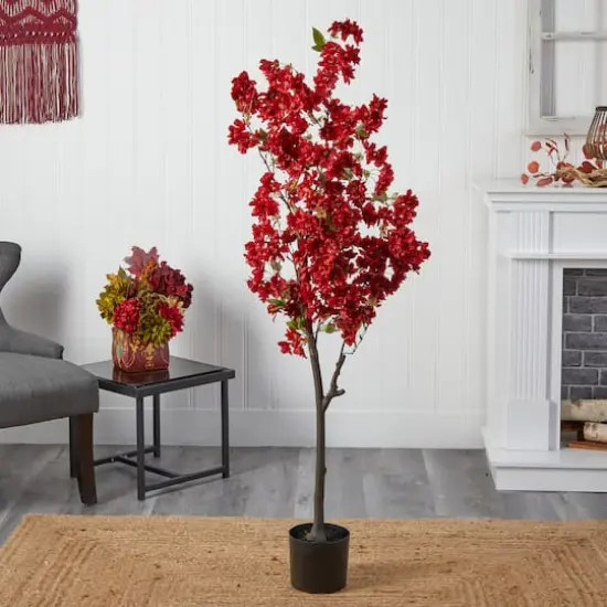 5ft. Potted Red Cherry Blossom Artificial Tree {4}