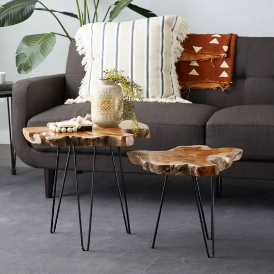 Brown Teak Wood Contemporary Accent Table Set {9}