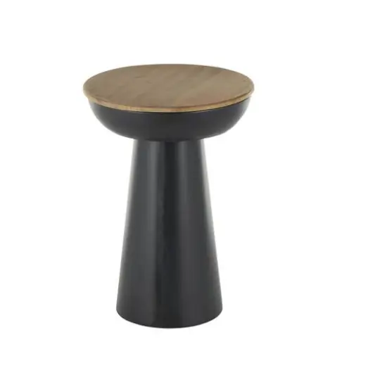 21" Black Metal Pedestal Accent Table with Brown Wood Tabletop {7}