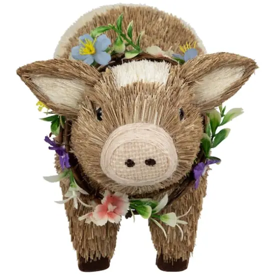 10.25" Brown & Beige Boy Piglet with Floral Wreath Spring Figurine {1}
