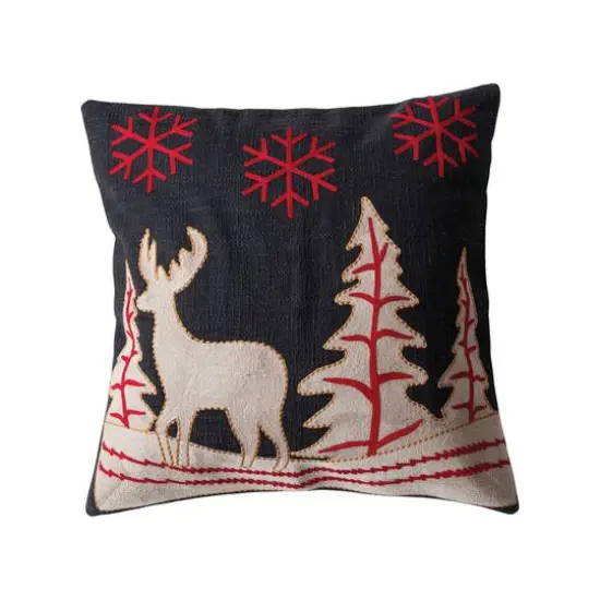 Hello Honey&reg; 18" Embroidered Winter Scene with Reindeer Cotton Slub Throw Pillow {1}