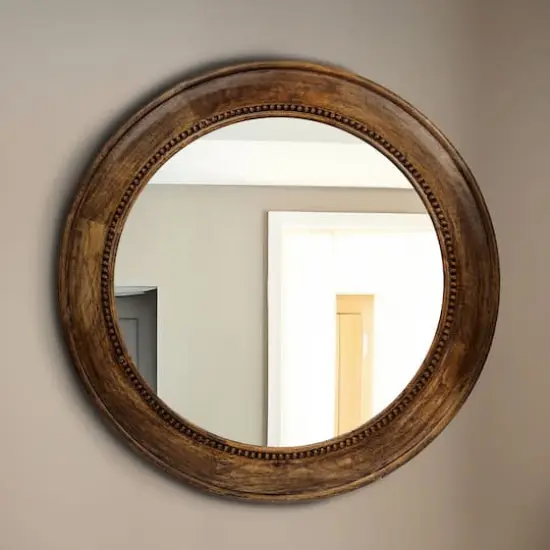 Hello Honey&reg; Walnut Round Carved Wood Framed Wall Mirror {3}