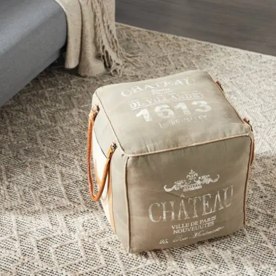 Gray Fabric and Leather Rustic Pouf, 17" x 21" x 21" {11}