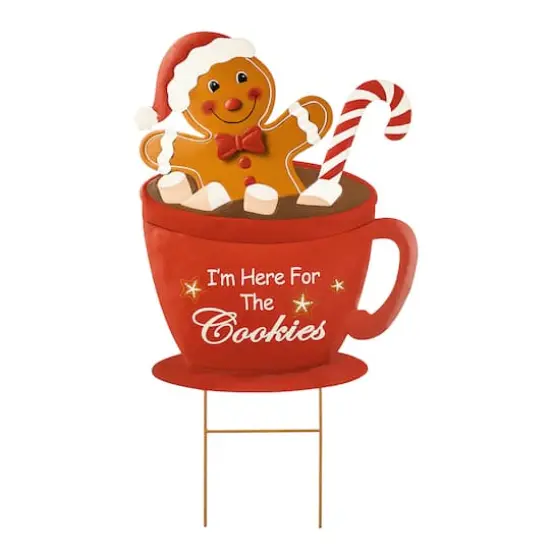 Glitzhome&reg; 30.25" Metal Gingerbread Man in Coffee Mug Yard Stake {1}