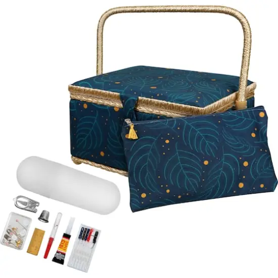 SINGER&reg; Large Leaf Print Sewing Basket with Travel Sewing Kit & Matching Zipper Pouch {1}
