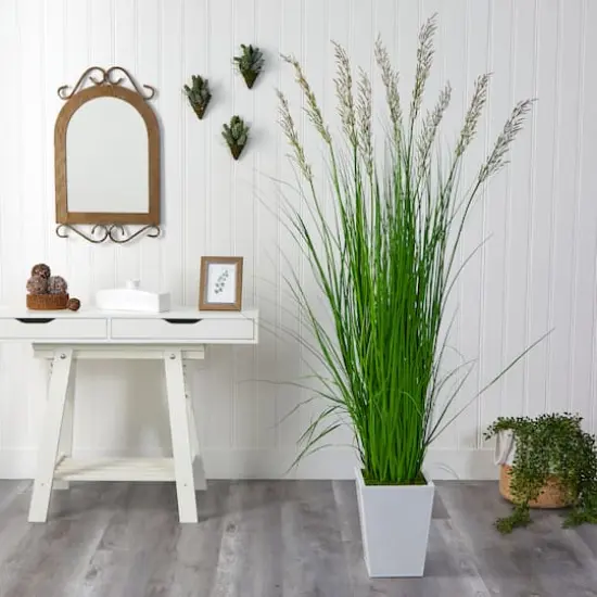 6.25ft. Grass Plant in White Metal Planter {3}