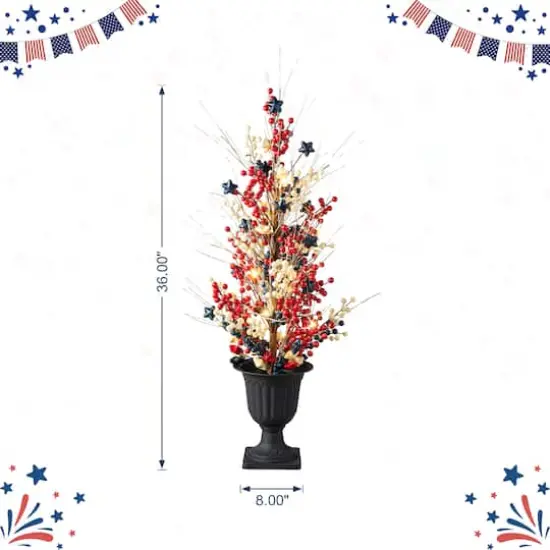Glitzhome&reg; 36" Lighted Patriotic Americana Berry & Stars Urn Porch Tree {4}