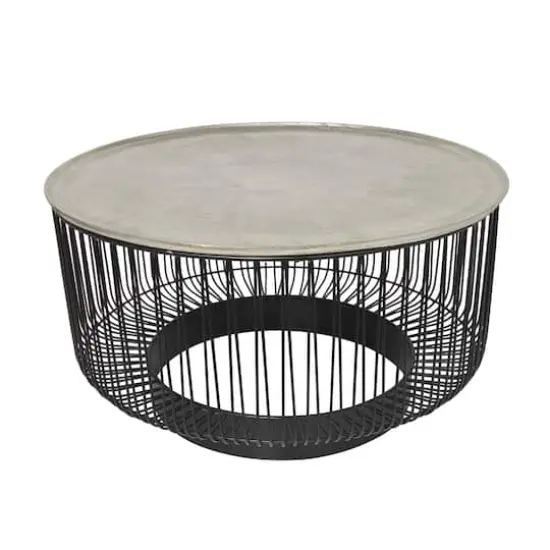 30" Black Metal Open Frame Wire Geometric Coffee Table with Silver Aluminum Top {5}