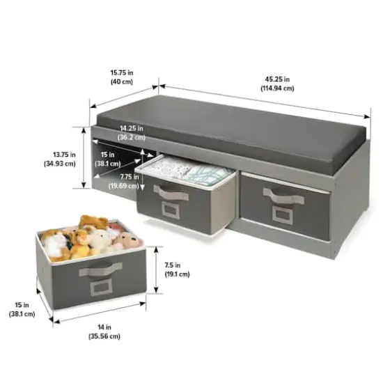 Badger Basket Kid's Cushioned Storage Bench With Three Bins Gray {7}