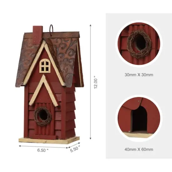 Glitzhome&reg; 12" Hanging Distressed Red Cottage Solid Wood Birdhouse {6}