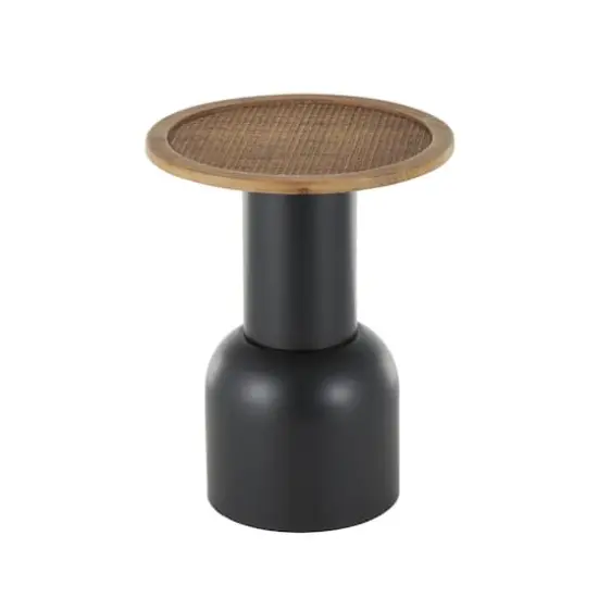 20" Black Metal Handmade Pedestal Accent Table with Brown Rattan Tabletop {4}