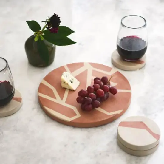 Hello Honey&reg; Off-White and Terracotta Round Sandstone Coaster Set with Abstract Design {5}