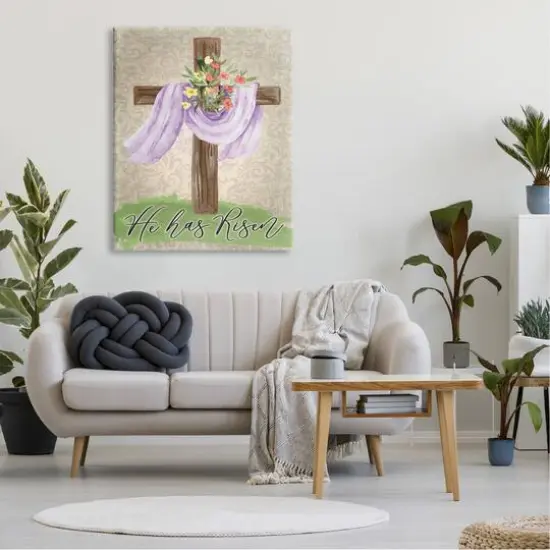 Stupell Industries He Has Risen Spring Floral Cross Brown Damask Pattern Canvas Wall Art {3}