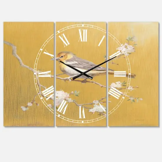 Designart Gold Bird On Blossoms Traditional 3 Panel Wall Clock {1}