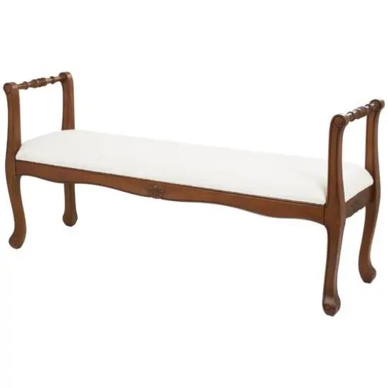 55" Cream Fabric Arm Bench with Brown Traditional Wood Turned Legs {7}