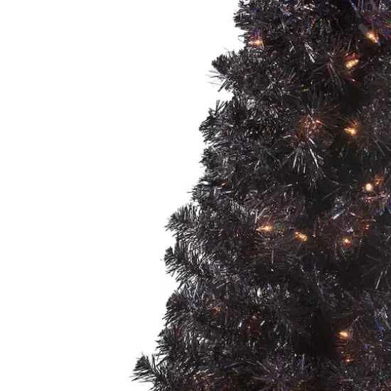 4ft. Black Slim Pre-Lit Halloween Tinsel Tree with Clear Lights {3}