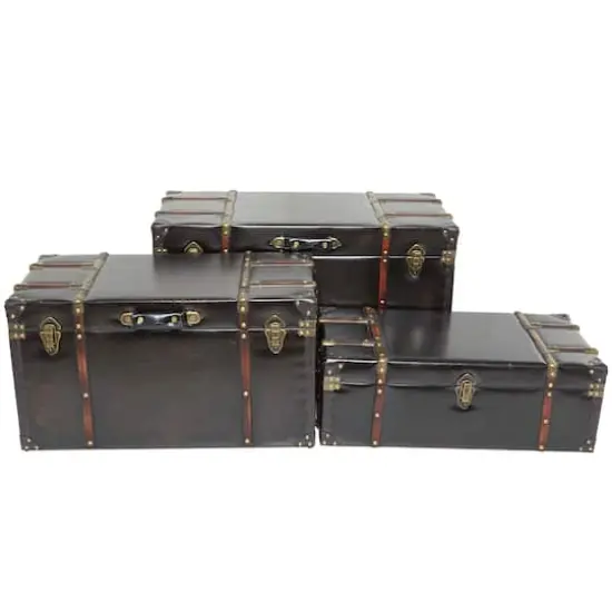 Dark Brown Faux Leather Studded Trunk with Latches & Handles Set {7}