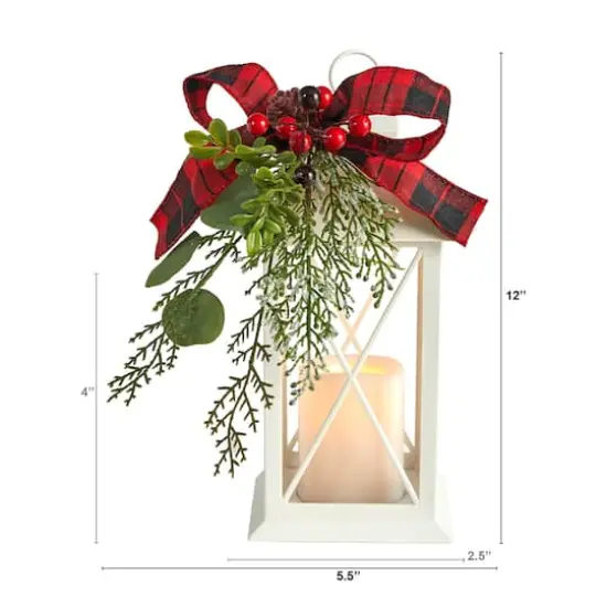 12" White Lantern with Berries, Pine & Plaid Bow Artificial Christmas Table Arrangement with LED Candle {4}