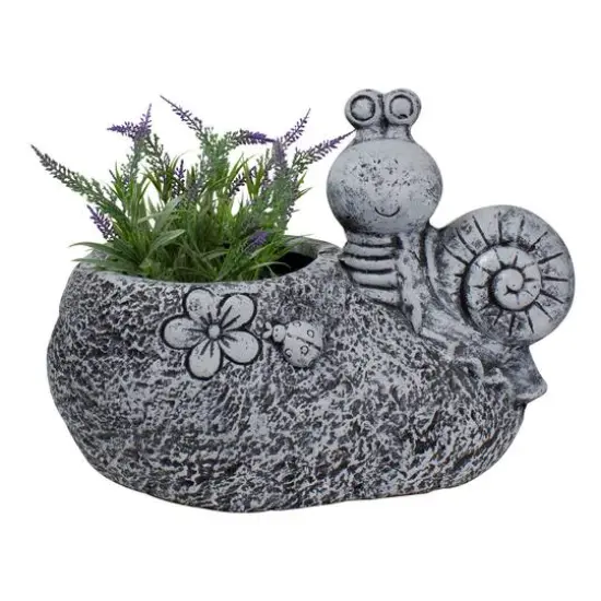 15.5" Gray Snail, Flower, & Ladybug Outdoor Garden Planter {4}