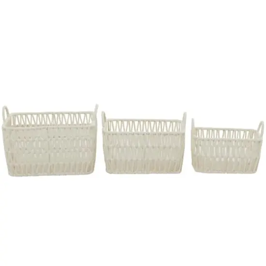 White Cotton Handmade Storage Basket with Handles Set of 3 11", 10", 9" {1}