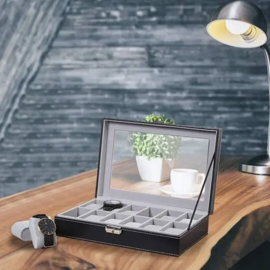 Charcoal Black Dozen Leather Watch Box {5}