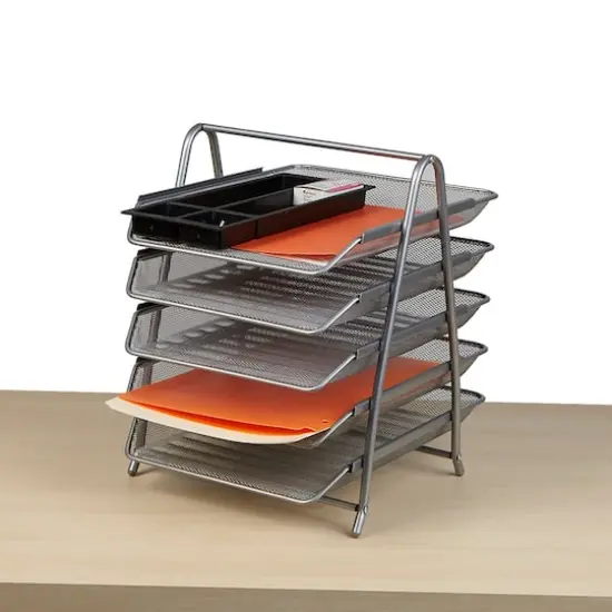 Mind Reader Desk Organizer with 5 Sliding Trays Silver {3}