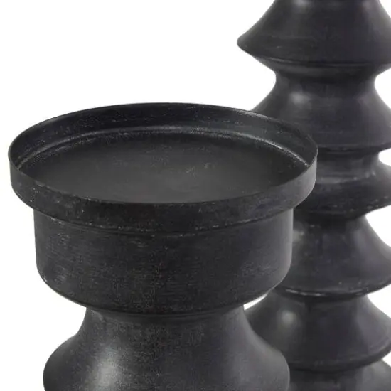 Black Metal Turned Style Pillar Candle Holder with Brown Wood Bases Set {7}