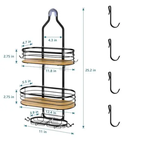 NEX&trade; Black Stainless Steel & Bamboo Hanging Caddy Shower Organizer with Hooks {7}