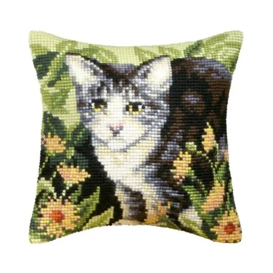 Orchidea Needlepoint Kit Cushion - Printed Canvas Dark-Grey Cat {1}
