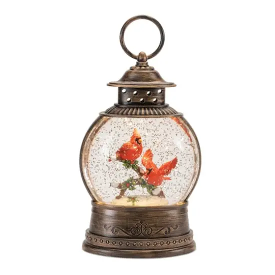 8.25" LED Snow Globe Lantern with Cardinal Bird Couple  {1}