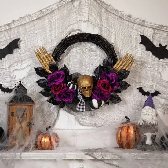 22" Skull with Hands & Purple Roses Halloween Twig Wreath {3}