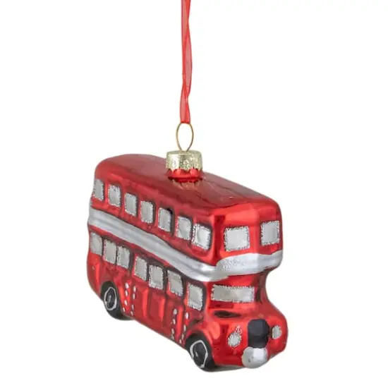 4" Shiny Metallic Red & Silver Glass Double Decker Bus Christmas Ornament {8}