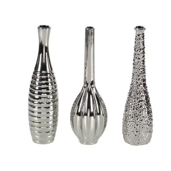 13" Silver Ceramic Glam Vase Set {4}